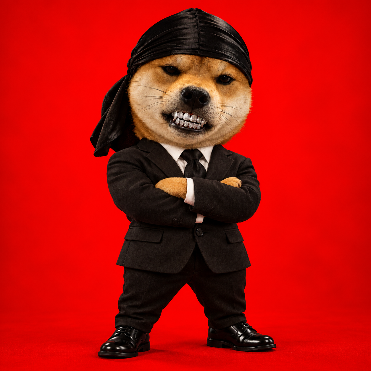 Shiba in a black suit and durag with a diamond grill on a vivid red background