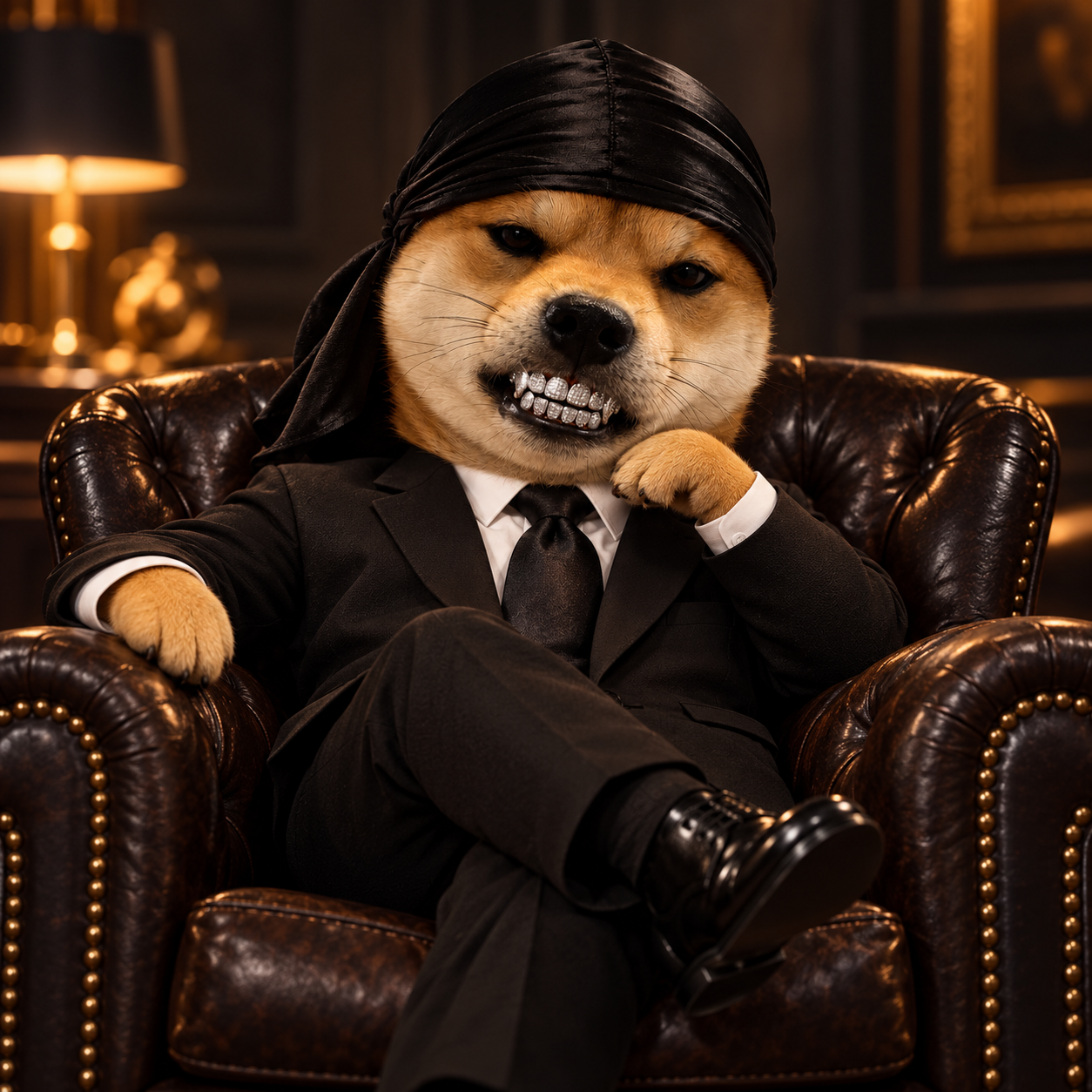 Suited Shiba relaxing in a dark leather armchair