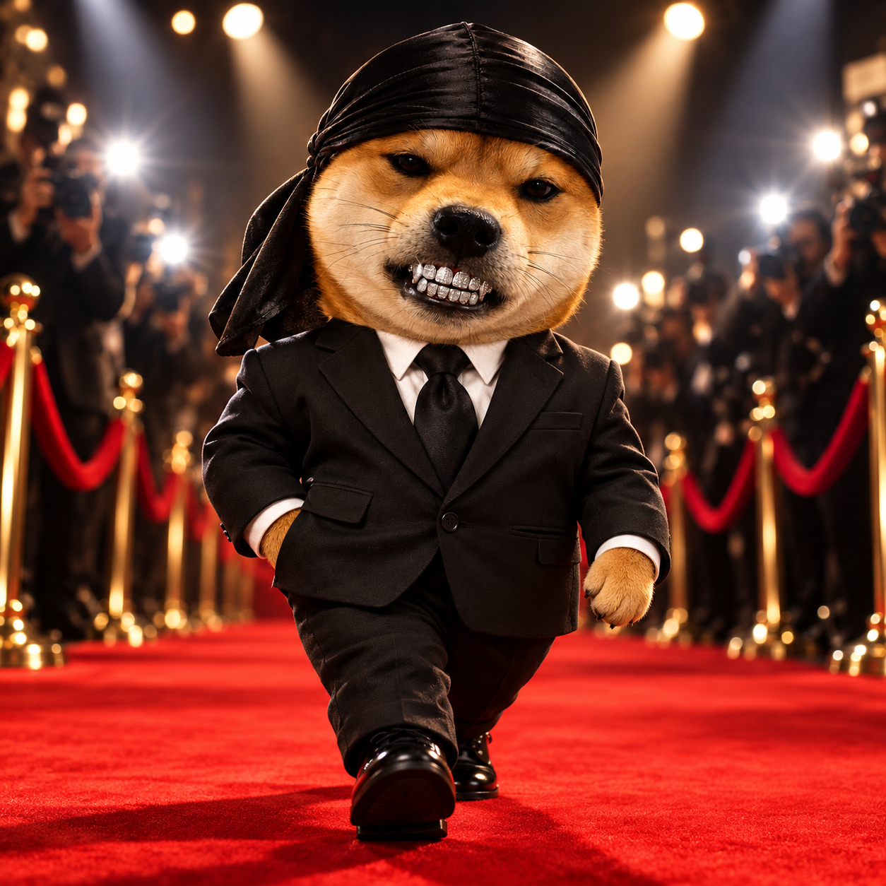 Suited Shiba walking the red carpet under camera lights